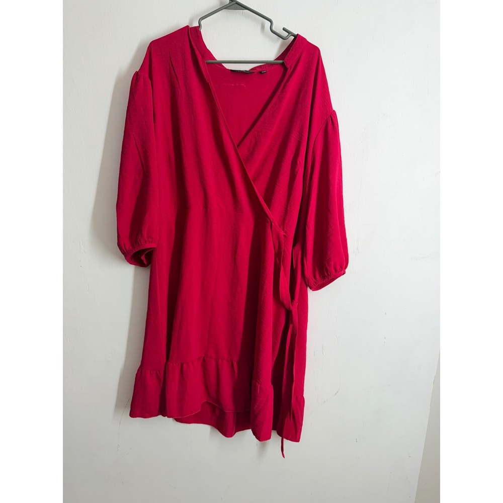 Mlle Gabrielle Pink Wrap Dress 2X Plus Size Ruffle Hem 3/4 Puff Sleeve Fuchsia